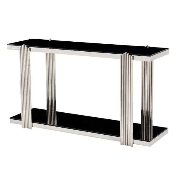 English Elm 55.00 Inch Mirrored Stainless Steel Console Table with Tempered Glass Top and Open Lower Shelf Black+Silver W3357P499490