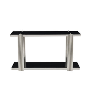 English Elm 55.00 Inch Mirrored Stainless Steel Console Table with Tempered Glass Top and Open Lower Shelf Black+Silver W3357P499490
