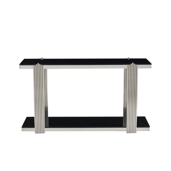English Elm 55.00 Inch Mirrored Stainless Steel Console Table with Tempered Glass Top and Open Lower Shelf Black+Silver W3357P499490