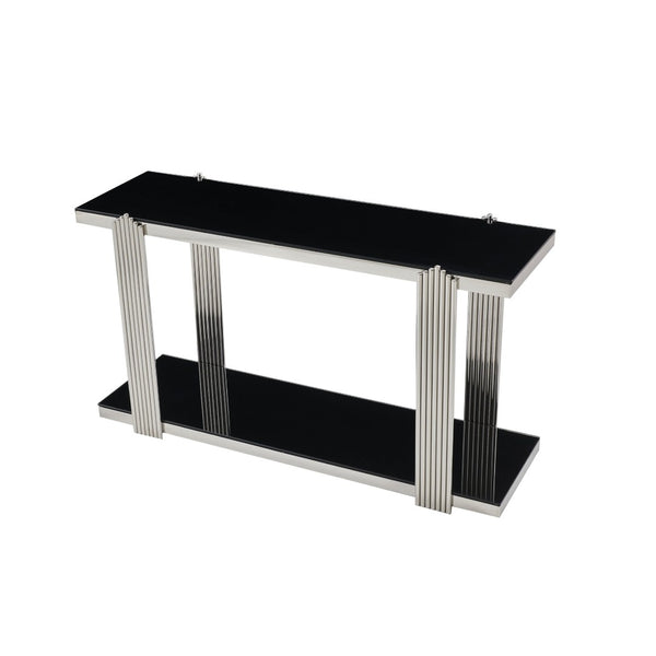 English Elm 55.00 Inch Mirrored Stainless Steel Console Table with Tempered Glass Top and Open Lower Shelf Black+Silver W3357P499490