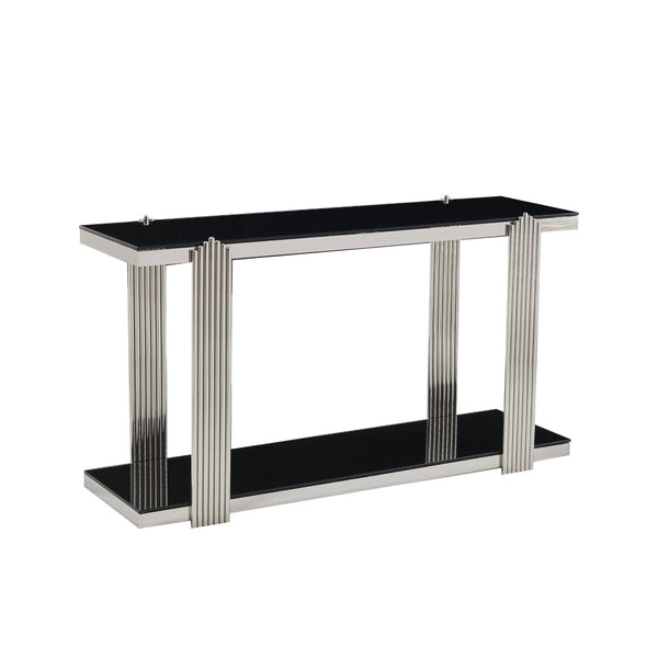 English Elm 55.00 Inch Mirrored Stainless Steel Console Table with Tempered Glass Top and Open Lower Shelf Black+Silver W3357P499490
