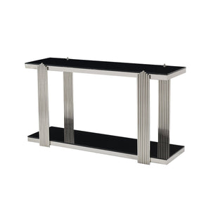 English Elm 55.00 Inch Mirrored Stainless Steel Console Table with Tempered Glass Top and Open Lower Shelf Black+Silver W3357P499490