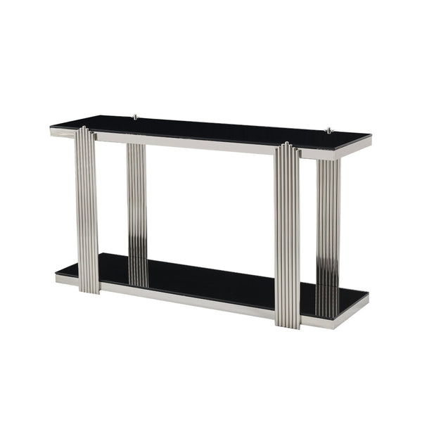 English Elm 55.00 Inch Mirrored Stainless Steel Console Table with Tempered Glass Top and Open Lower Shelf Black+Silver W3357P499490