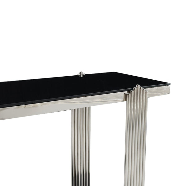 English Elm 55.00 Inch Mirrored Stainless Steel Console Table with Tempered Glass Top and Open Lower Shelf Black+Silver W3357P499490