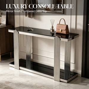 English Elm 55.00 Inch Mirrored Stainless Steel Console Table with Tempered Glass Top and Open Lower Shelf Black+Silver W3357P499490