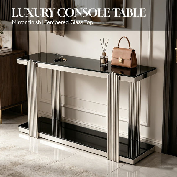 English Elm 55.00 Inch Mirrored Stainless Steel Console Table with Tempered Glass Top and Open Lower Shelf Black+Silver W3357P499490