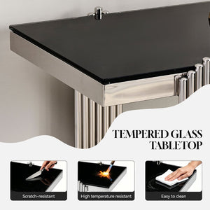English Elm 55.00 Inch Mirrored Stainless Steel Console Table with Tempered Glass Top and Open Lower Shelf Black+Silver W3357P499490