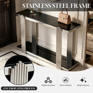 English Elm 55.00 Inch Mirrored Stainless Steel Console Table with Tempered Glass Top and Open Lower Shelf Black+Silver W3357P499490
