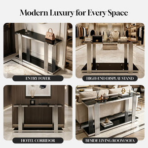 English Elm 55.00 Inch Mirrored Stainless Steel Console Table with Tempered Glass Top and Open Lower Shelf Black+Silver W3357P499490