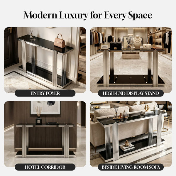 English Elm 55.00 Inch Mirrored Stainless Steel Console Table with Tempered Glass Top and Open Lower Shelf Black+Silver W3357P499490