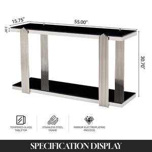 English Elm 55.00 Inch Mirrored Stainless Steel Console Table with Tempered Glass Top and Open Lower Shelf Black+Silver W3357P499490