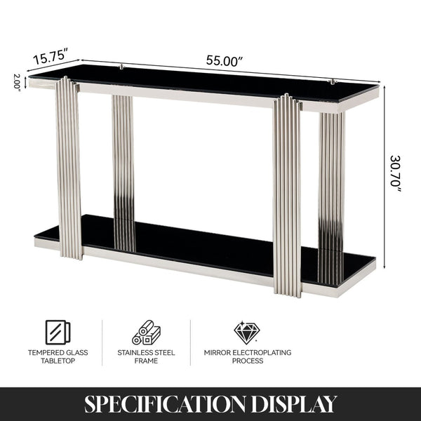 English Elm 55.00 Inch Mirrored Stainless Steel Console Table with Tempered Glass Top and Open Lower Shelf Black+Silver W3357P499490