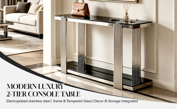 English Elm 55.00 Inch Mirrored Stainless Steel Console Table with Tempered Glass Top and Open Lower Shelf Black+Silver W3357P499490