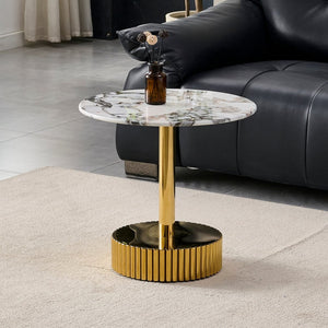 English Elm 21.65 Inch Round Marble Glass End Table with Polished Gold Steel Frame for Modern Interiors W3357P499502