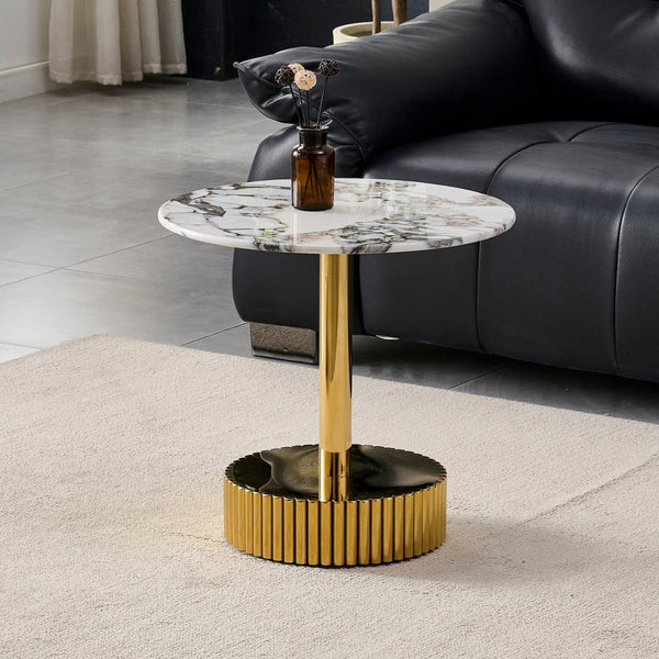 English Elm 21.65 Inch Round Marble Glass End Table with Polished Gold Steel Frame for Modern Interiors W3357P499502