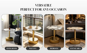 English Elm 21.65 Inch Round Marble Glass End Table with Polished Gold Steel Frame for Modern Interiors W3357P499502