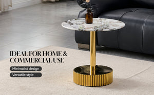 English Elm 21.65 Inch Round Marble Glass End Table with Polished Gold Steel Frame for Modern Interiors W3357P499502