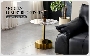 English Elm 21.65 Inch Round Marble Glass End Table with Polished Gold Steel Frame for Modern Interiors W3357P499502