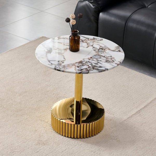 English Elm 21.65 Inch Round Marble Glass End Table with Polished Gold Steel Frame for Modern Interiors W3357P499502