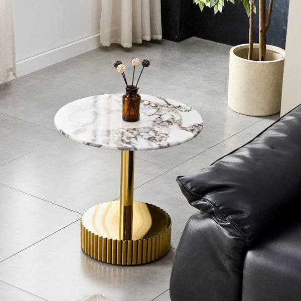 English Elm 21.65 Inch Round Marble Glass End Table with Polished Gold Steel Frame for Modern Interiors W3357P499502