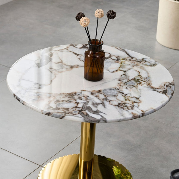 English Elm 21.65 Inch Round Marble Glass End Table with Polished Gold Steel Frame for Modern Interiors W3357P499502