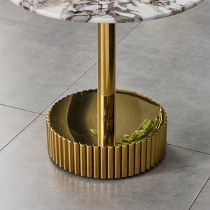 English Elm 21.65 Inch Round Marble Glass End Table with Polished Gold Steel Frame for Modern Interiors W3357P499502