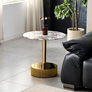 English Elm 21.65 Inch Round Marble Glass End Table with Polished Gold Steel Frame for Modern Interiors W3357P499502