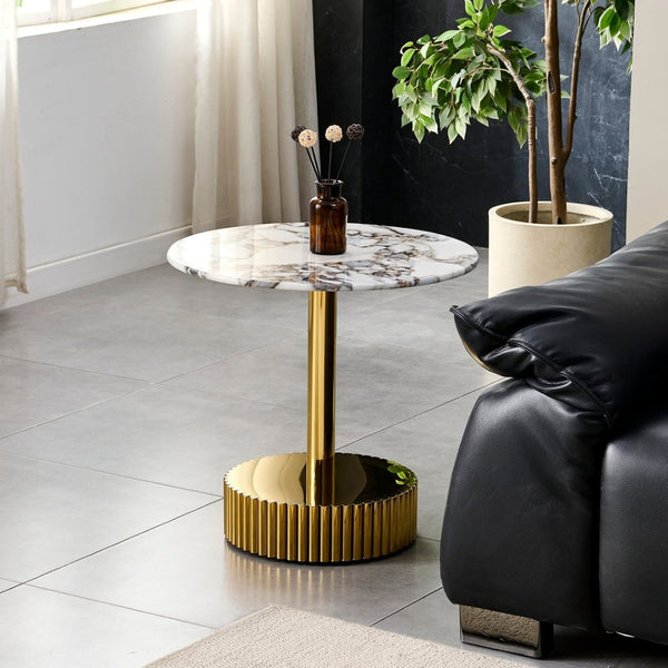 English Elm 21.65 Inch Round Marble Glass End Table with Polished Gold Steel Frame for Modern Interiors W3357P499502