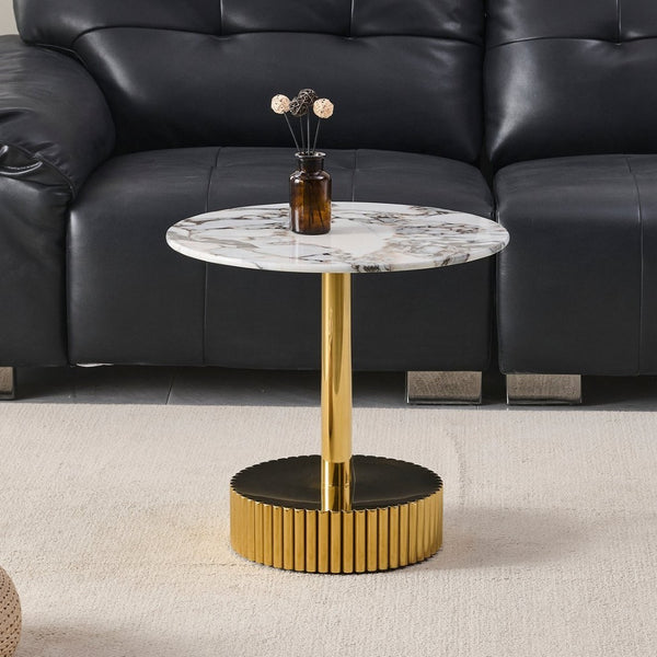 English Elm 21.65 Inch Round Marble Glass End Table with Polished Gold Steel Frame for Modern Interiors W3357P499502