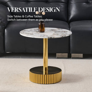 English Elm 21.65 Inch Round Marble Glass End Table with Polished Gold Steel Frame for Modern Interiors W3357P499502