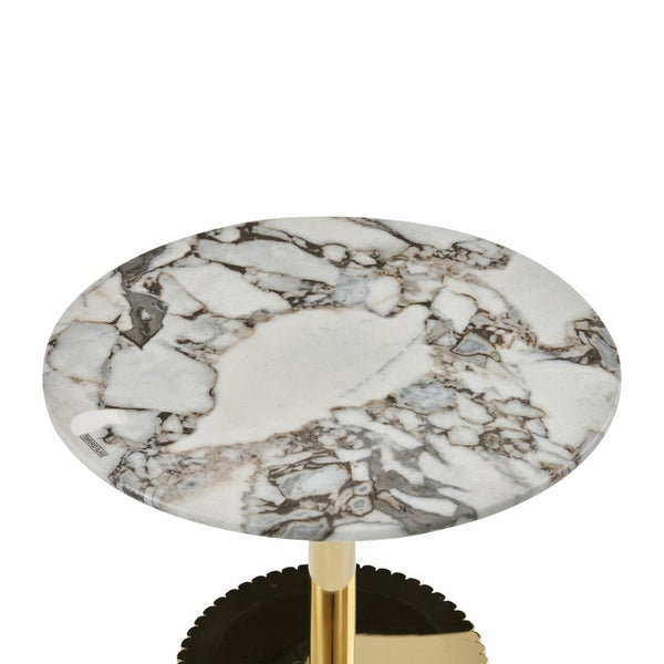 English Elm 21.65 Inch Round Marble Glass End Table with Polished Gold Steel Frame for Modern Interiors W3357P499502