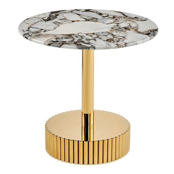 English Elm 21.65 Inch Round Marble Glass End Table with Polished Gold Steel Frame for Modern Interiors W3357P499502