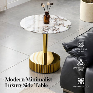 English Elm 21.65 Inch Round Marble Glass End Table with Polished Gold Steel Frame for Modern Interiors W3357P499502