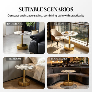 English Elm 21.65 Inch Round Marble Glass End Table with Polished Gold Steel Frame for Modern Interiors W3357P499502