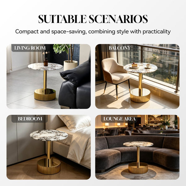 English Elm 21.65 Inch Round Marble Glass End Table with Polished Gold Steel Frame for Modern Interiors W3357P499502