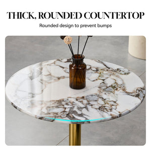 English Elm 21.65 Inch Round Marble Glass End Table with Polished Gold Steel Frame for Modern Interiors W3357P499502
