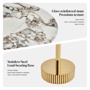 English Elm 21.65 Inch Round Marble Glass End Table with Polished Gold Steel Frame for Modern Interiors W3357P499502