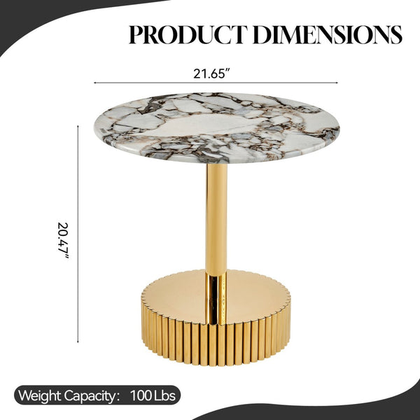 English Elm 21.65 Inch Round Marble Glass End Table with Polished Gold Steel Frame for Modern Interiors W3357P499502