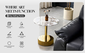 English Elm 21.65 Inch Round Marble Glass End Table with Polished Gold Steel Frame for Modern Interiors W3357P499502