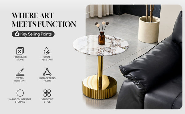 English Elm 21.65 Inch Round Marble Glass End Table with Polished Gold Steel Frame for Modern Interiors W3357P499502