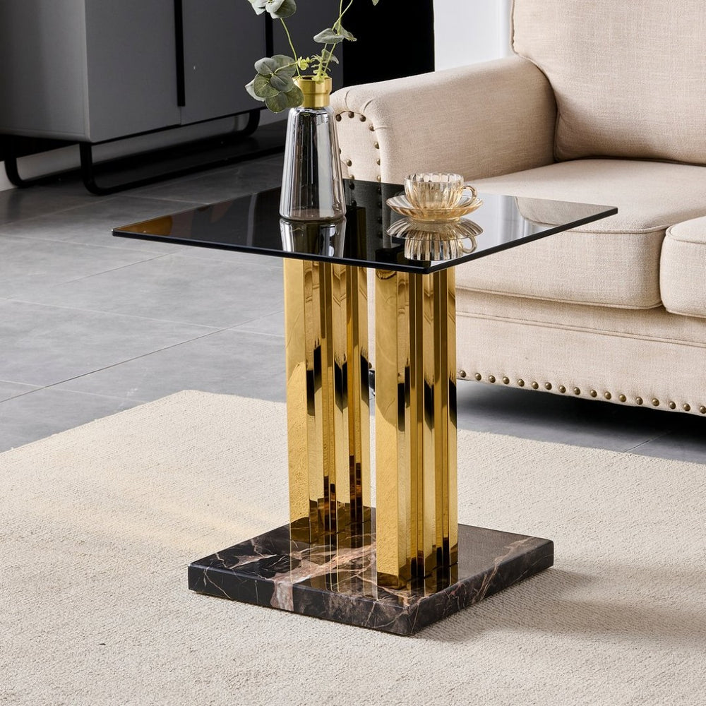 English Elm 21.65 Inch Glam Square Side Table Gray Tempered Glass Gold Steel Legs Marble Base W3357P515836
