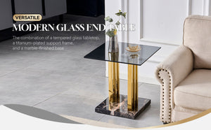 English Elm 21.65 Inch Glam Square Side Table Gray Tempered Glass Gold Steel Legs Marble Base W3357P515836
