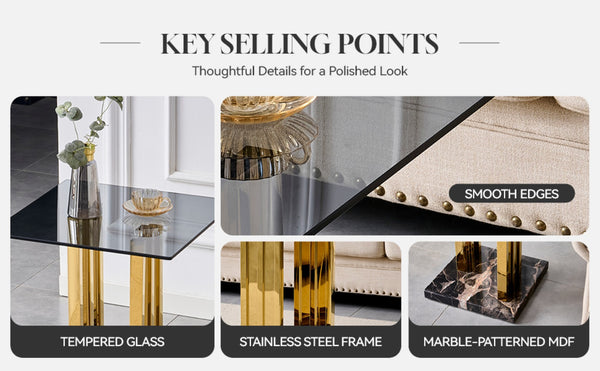 English Elm 21.65 Inch Glam Square Side Table Gray Tempered Glass Gold Steel Legs Marble Base W3357P515836