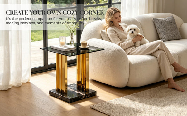 English Elm 21.65 Inch Glam Square Side Table Gray Tempered Glass Gold Steel Legs Marble Base W3357P515836