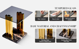 English Elm 21.65 Inch Glam Square Side Table Gray Tempered Glass Gold Steel Legs Marble Base W3357P515836