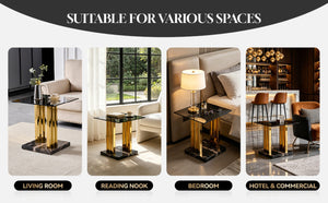 English Elm 21.65 Inch Glam Square Side Table Gray Tempered Glass Gold Steel Legs Marble Base W3357P515836