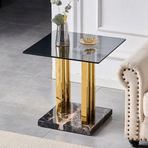 English Elm 21.65 Inch Glam Square Side Table Gray Tempered Glass Gold Steel Legs Marble Base W3357P515836
