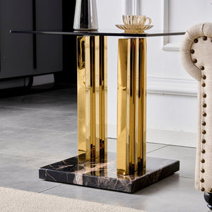 English Elm 21.65 Inch Glam Square Side Table Gray Tempered Glass Gold Steel Legs Marble Base W3357P515836