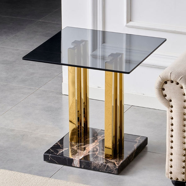 English Elm 21.65 Inch Glam Square Side Table Gray Tempered Glass Gold Steel Legs Marble Base W3357P515836