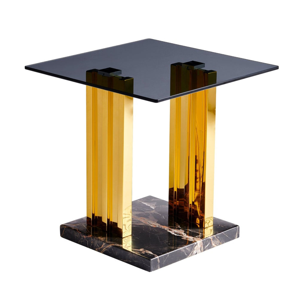 English Elm 21.65 Inch Glam Square Side Table Gray Tempered Glass Gold Steel Legs Marble Base W3357P515836